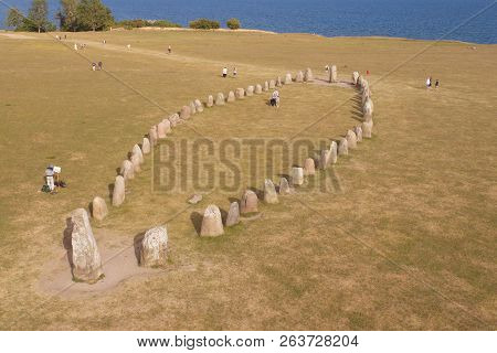 Kaseberga, Sweden - June 26, 2018: Aerial View Of The Pre Historic Stone Ship Ales Stones Located In