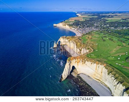 Aerial Drone Photo Of The Pointed Formation Called Laiguille Or The Needle And Porte Daval At Etreta