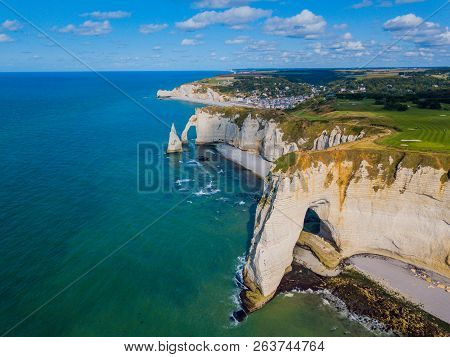 Aerial Drone Photo Of The Pointed Formation Called Laiguille Or The Needle And Porte Daval At Etreta