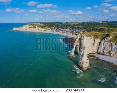 Aerial Drone Photo Of The Pointed Formation Called Laiguille Or The Needle And Porte Daval At Etreta