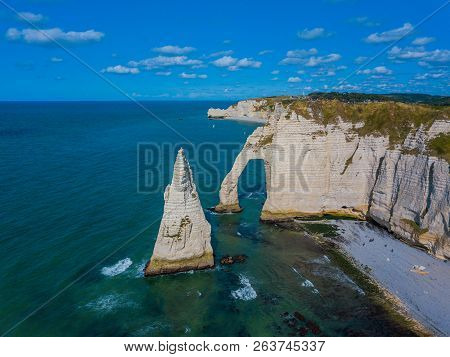 Aerial Drone Photo Of The Pointed Formation Called Laiguille Or The Needle And Porte Daval At Etreta