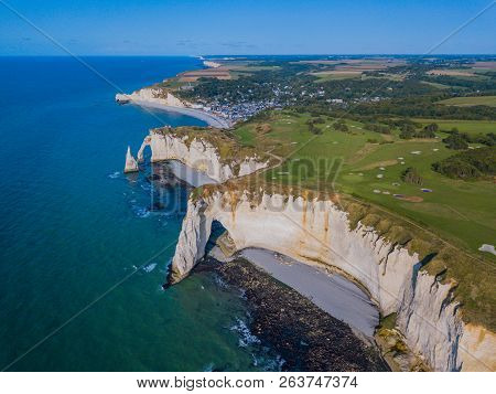 Aerial Drone Photo Of The Pointed Formation Called Laiguille Or The Needle And Porte Daval At Etreta