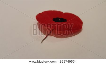 Remembrance Poppy Pin On White Background Close-up.