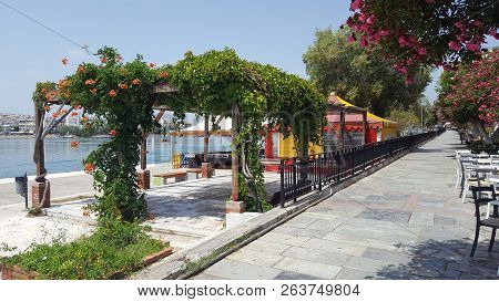Beautiful Downtown Patio Beside River In Europe/mediterranean/greece.