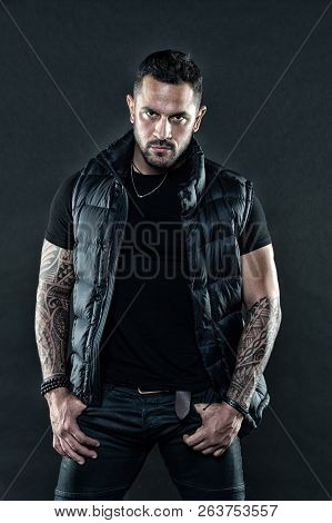 Masculinity And Fashion Concept. Tattoo Brutal Attribute. Man Confident Unshaven Brutal Appearance T