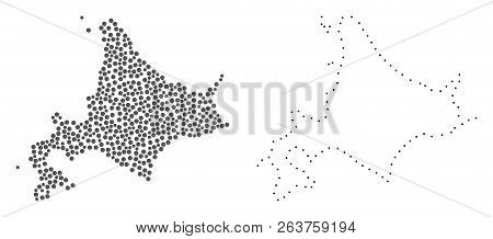 Dotted And Contour Map Of Japanese Hokkaido Formed With Dots. Vector Gray Abstraction Of Map Of Japa