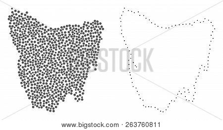 Dot And Contour Map Of Tasmania Island Designed With Dots. Vector Grey Abstraction Of Map Of Tasmani