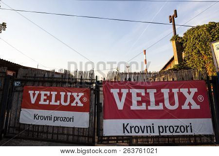 Belgrade, Serbia - October 17, 2018: Velux Logo On Their Retailer For Serbia. Velux Is A Danish Bran