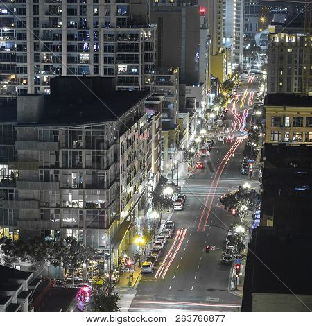 Skycrapers And Streets Of San Diego Ca At Night