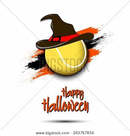 Happy Halloween Pattern. Tennis Template Design. Tenis Ball With Witch Hat. Design Pattern For Banne