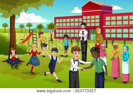 A Vector Illustration Of Multi Ethnic And Diverse Students Playing In School