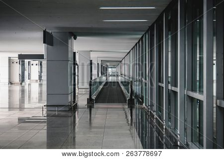 Modern Airport Arrival Hall Lounge. Interior Of The Modern Architectural In Shanghai Airport. Empty 