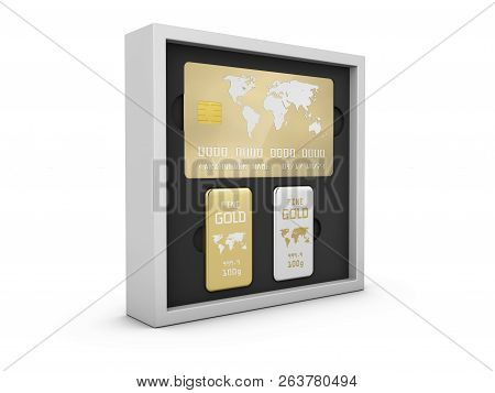 Golden Member Card With Golden Bars In The Box, 3d Illustration