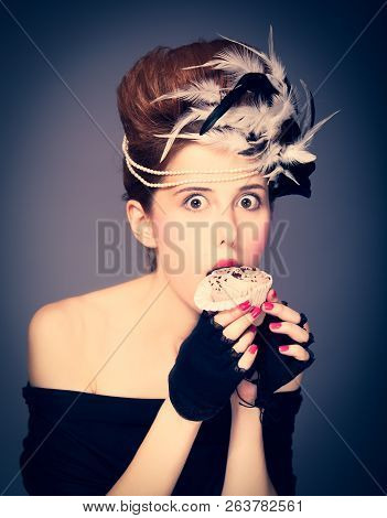 Redhead Girl With Rococo Hair Style And Cake In Studio At Vintage Background. Photo In Old Style.