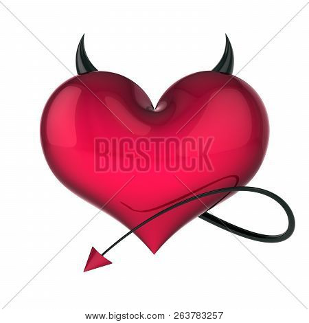 Brutal Red Devil Heart With Sharp Horns Tail. Poison Fake Love Abstract