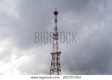 Telecommunication Tower With Panel Antennas And Radio Antennas And Satellite Dishes For Mobile Commu
