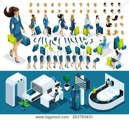 Isometric Set 3 Create Your Character, Business Lady At The Airport. Set Of Gestures Of Hands, Feet,