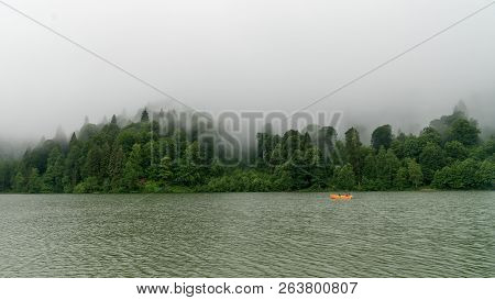 Artvin, Turkey - July 2018: People In A Rowing Boat In Borcka Karagol Nature Park