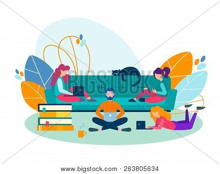 Friends Young People Study, Get Education, Prepare For A Session At The School, University, Work Tog