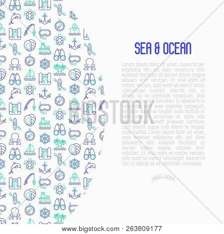 Sea And Ocean Journey Concept With Thin Line Icons: Sailboat, Fishing, Ship, Oysters, Anchor, Octopu