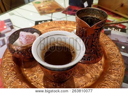 Hot Bosnian Coffee Set Served With A Long Neck Small Pot Or Dzezva And Some Sweets In Sugar Pot