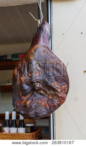 Sale Of Prosciutto Meat Cooked According To Old Recipes In Rural Areas Of Montenegro.