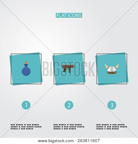 Set Of Gaming Icons Flat Style Symbols With Mana Potion, Submachine, Barbarian And Other Icons For Y