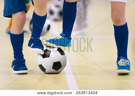 Indoor Futsal Soccer Players Playing Futsal Match. Indoor Soccer Sports Hall. Futsal Players Kicking
