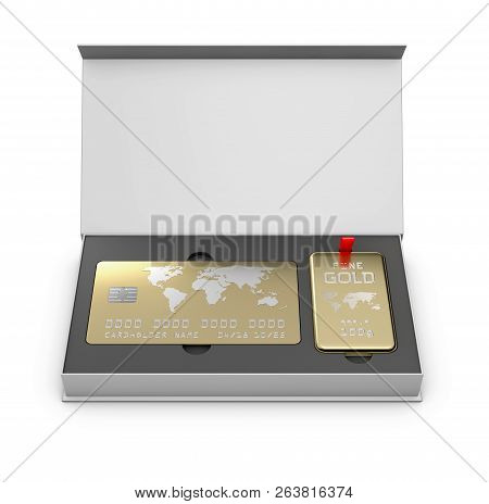 Golden Member Card With Golden Bar In The Box, 3d Illustration
