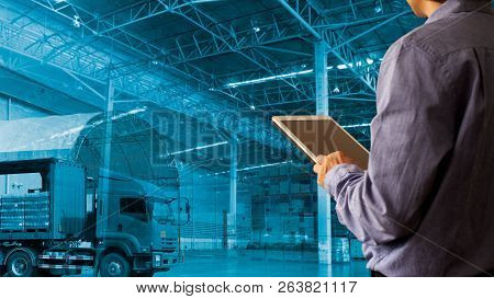 Businessman Manager Using Tablet Check And Control For Workers With Modern Trade Warehouse Logistics