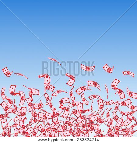 British Pound Notes Falling. Small Gbp Bills On Blue Sky Background. United Kingdom Money. Authentic