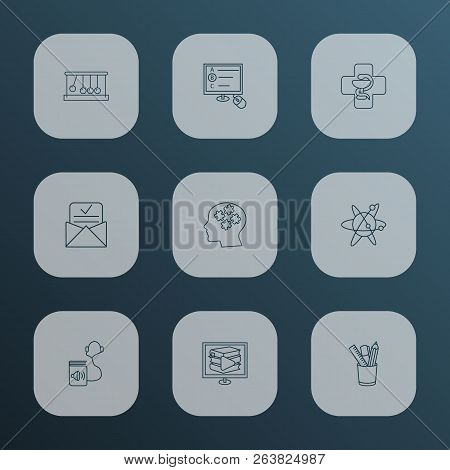 Education Icons Line Style Set With Kinetics, Digital Library, Astrophysics And Other Pharmacy Eleme
