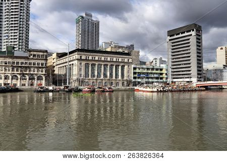 Manila, Philippines - November 25, 2017: Manila City Skyline With Rainclouds In Philippines. Metro M