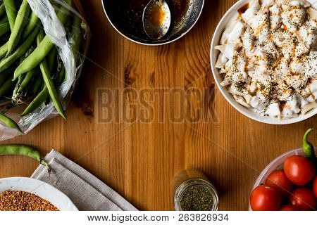 Turkish Manti Manlama / Ravioli With Yogurt And Fried Butter Sauce. Copy Space.