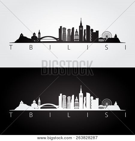 Tbilisi Skyline And Landmarks Silhouette, Black And White Design, Vector Illustration.