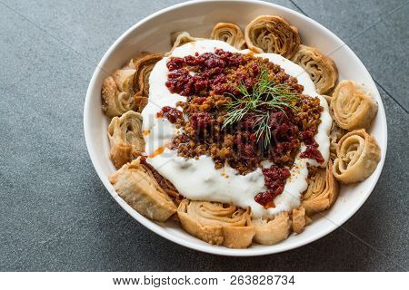 Turkish Manti With Yogurt, Minced Meat And Fried Butter Sauce From Artvin Called Silor / Siron / Zir