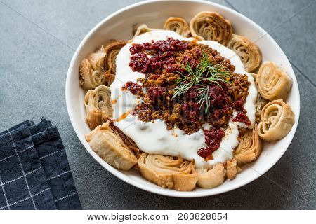 Turkish Manti With Yogurt, Minced Meat And Fried Butter Sauce From Artvin Called Silor / Siron / Zir