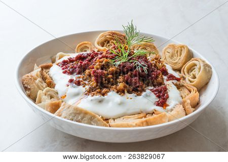 Turkish Manti With Yogurt, Minced Meat And Fried Butter Sauce From Artvin Called Silor / Siron / Zir