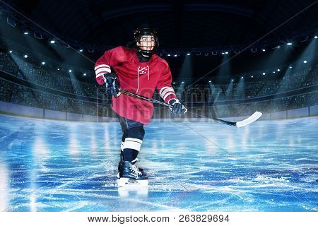 Hockey Player With Stick On The Rink Of Ice Arena