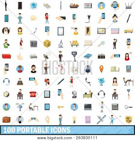 100 Portable Icons Set In Cartoon Style For Any Design Illustration