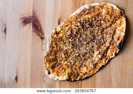 Cevizli Lahmacun Or Turkish Pizza With Walnut. Copy Space