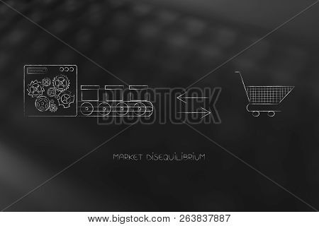 Market Disequilibrium Conceptual Illustration: Plenty Of Items On Production Line And A Empty Shoppi