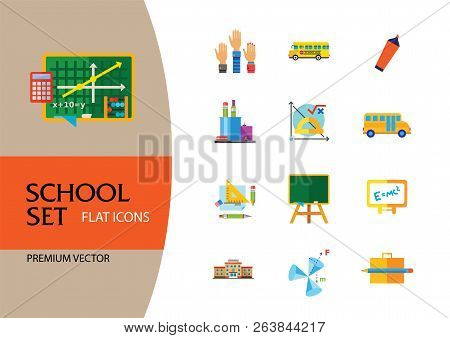 School Icon Set. School Pencil School Bus Pencil Stand Stationery Math Formula Knowledge Vitruvian M