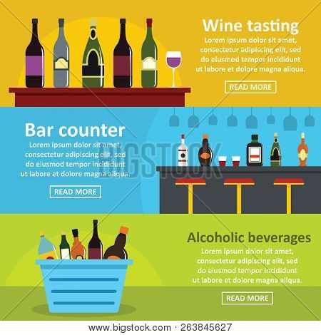 Wine Tasting Bar Banner Horizontal Concept Set. Flat Illustration Of 3 Wine Tasting Bar Banner Horiz
