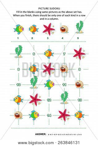 Picture Sudoku Puzzle 5x5 (one Block) With Underwater Beings - Fish, Crab In Shell, Algae, Star Fish