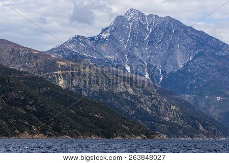 Landscape Of Mount Athos In Autonomous Monastic State Of The Holy Mountain, Chalkidiki, Greece