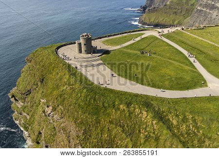 Aerial View Of The World Famous Cliffs Of Moher In County Clare Ireland. Cliffs Of Moher Global Geop