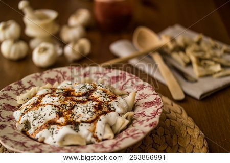Manti / Turkish Ravioli With Yogurt.