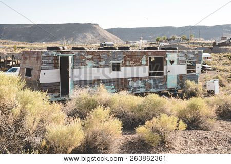 Abandoned Trailers, Appliances, Tires And Vehicles In The Desert In Goldfield Nevada