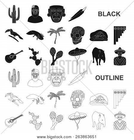 Country Mexico Black Icons In Set Collection For Design. Mexico And Landmark Vector Symbol Stock Web